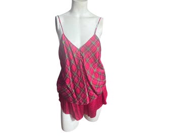 Conjunto de lencería vintage de seda a cuadros rojos, pijama Wenchelle M