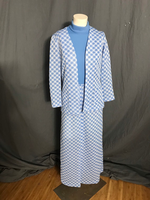 Vintage 1970’s long blue check dress with jacket M - image 2