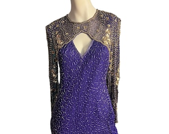 Vintage 80's purple gold sequin bead dress M