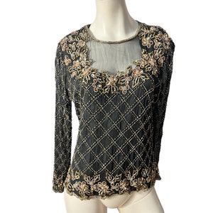 Top vintage con lentejuelas y cuentas en negro y dorado XL Stenay