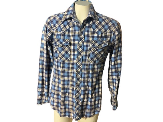 Vintage 80's blue flannel western shirt L - image 1