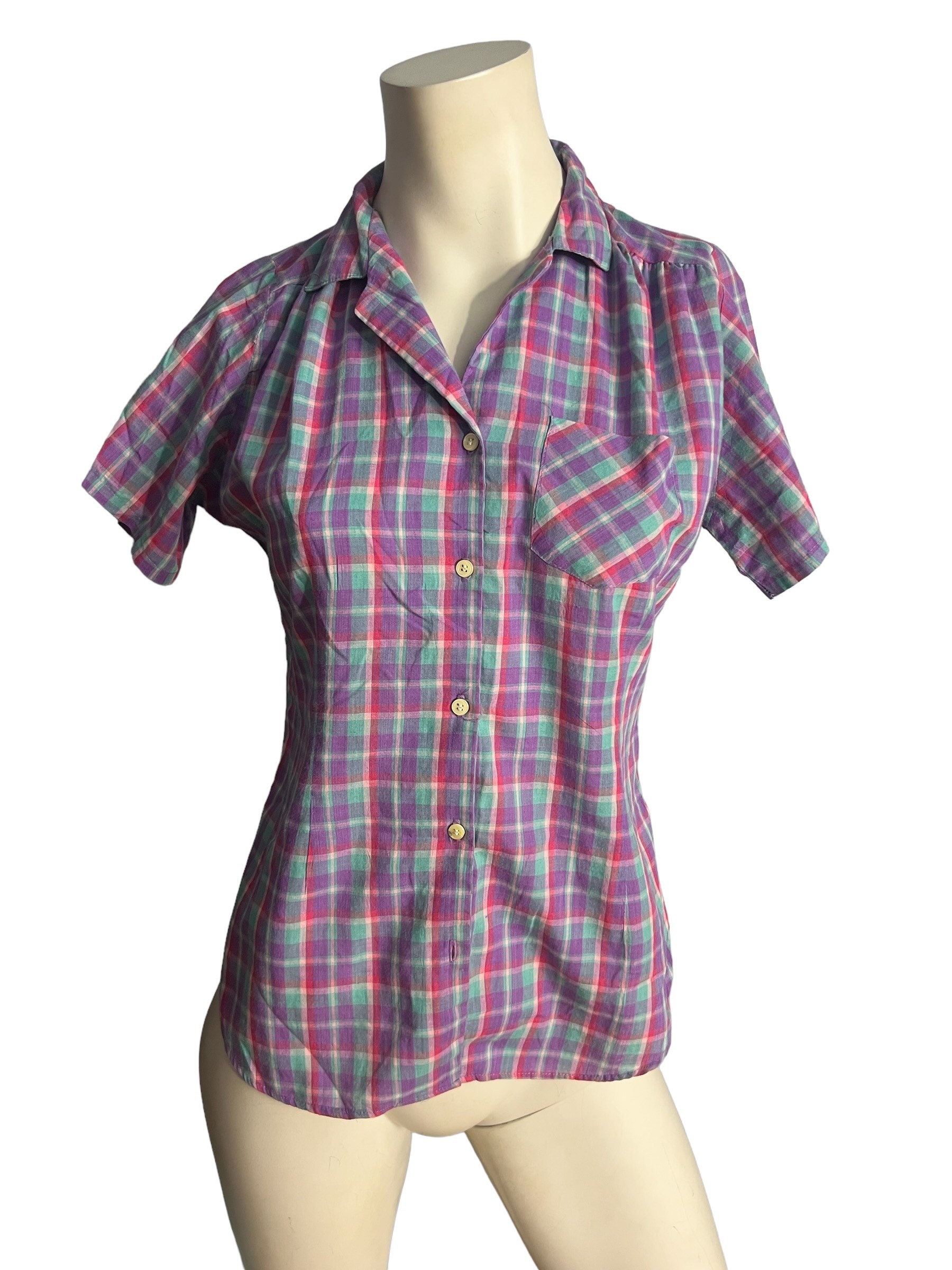 Vintage jaren 80 geruite overhemdblouse M Etsy Nederland