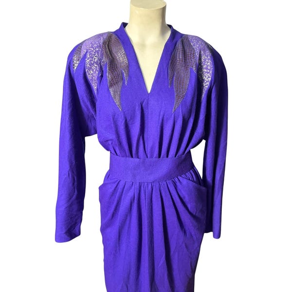 Vintage 80er Lila Leder-Wollkleid L Moza