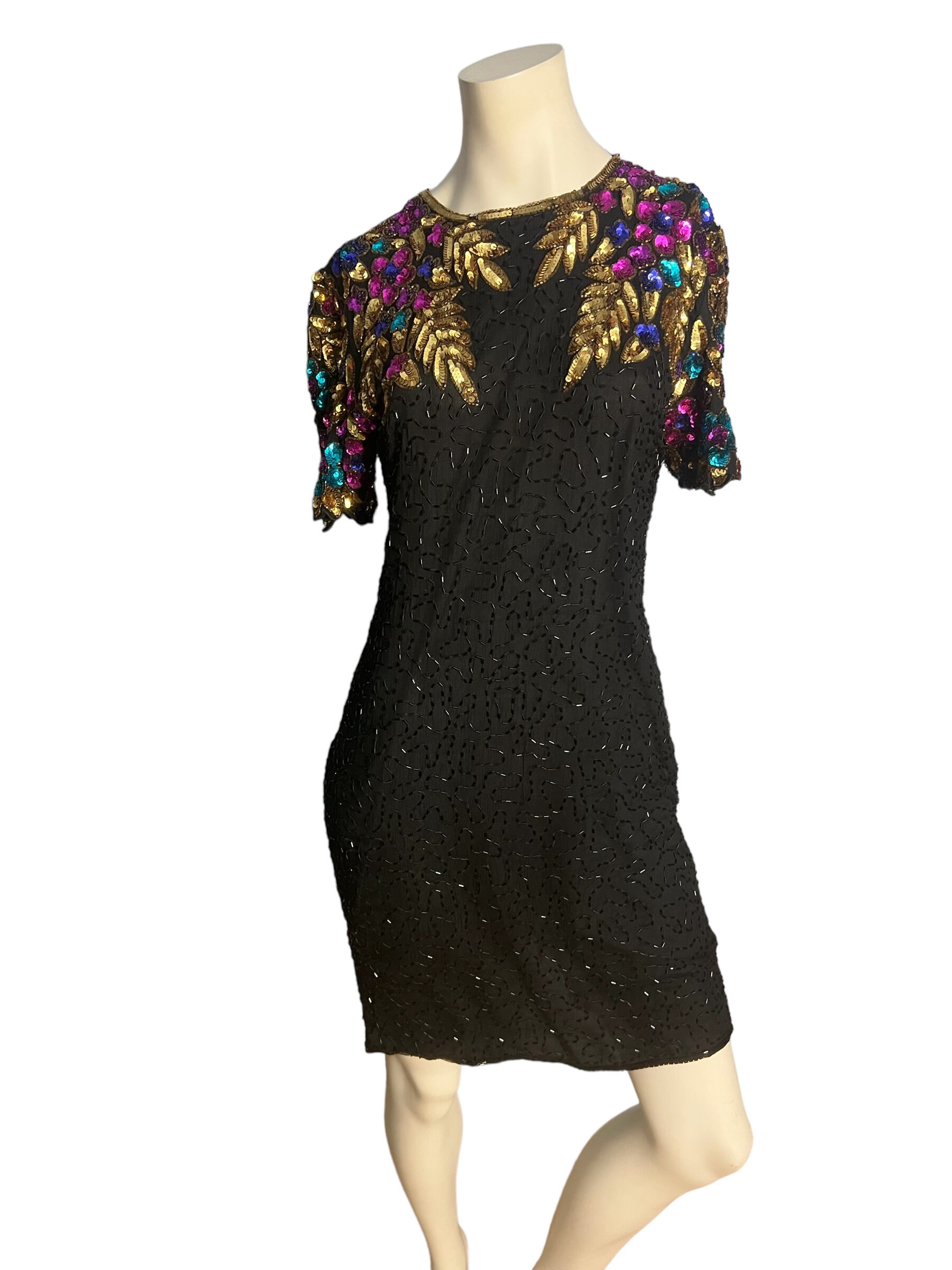 Robe Noire à Paillettes Vintage Années 80 - Marque Stenay - Taille 10 - Soie - Occasion Très Bon état