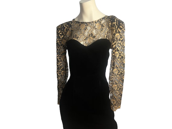 Vintage black velvet and gold lace dress Donna Ri… - image 1