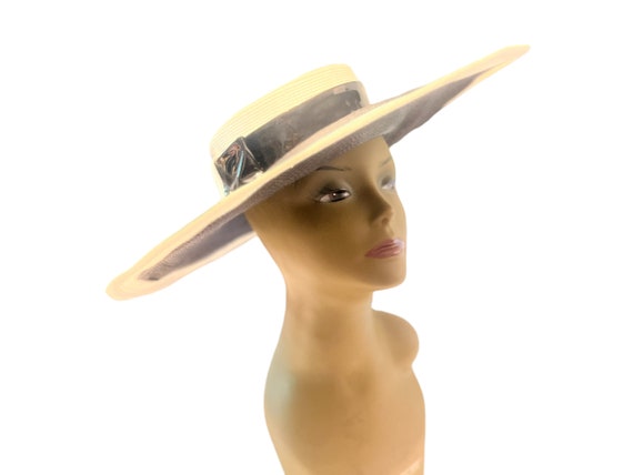 Vintage 60's black & white straw hat huge Sandra - image 2