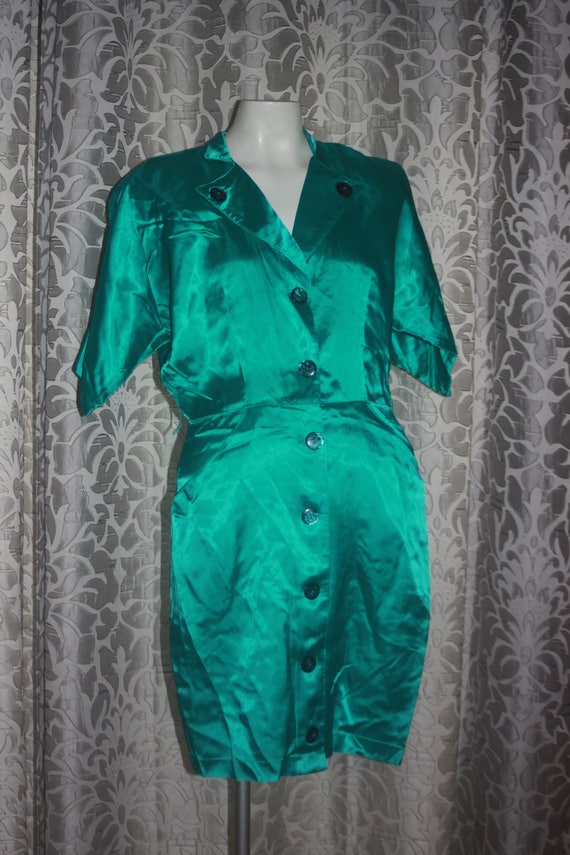 Vintage Green Satin Young Edwardian 1980's Dress M - image 2