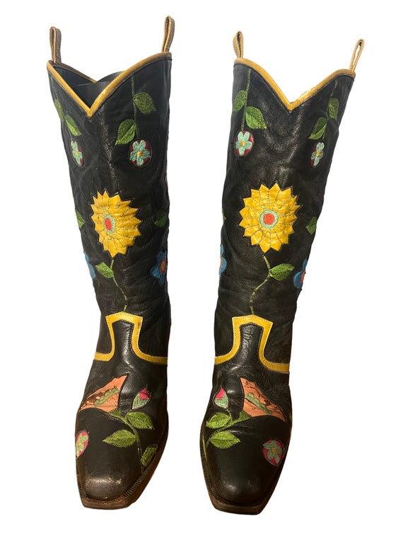 Vintage 60’s floral black leather boots 6B - image 4