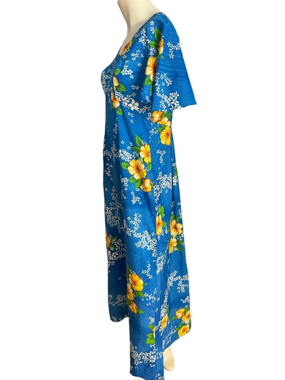 Vintage 70's blue Hawaiian maxi dress M - image 6