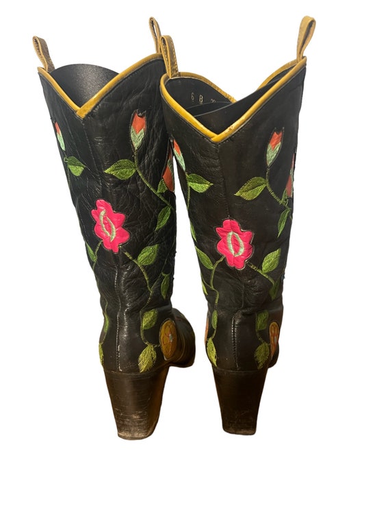 Vintage 60’s floral black leather boots 6B - image 5