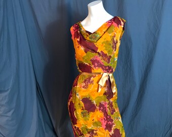 Vintage 1960 rayón vestido de fiesta ajustado M L