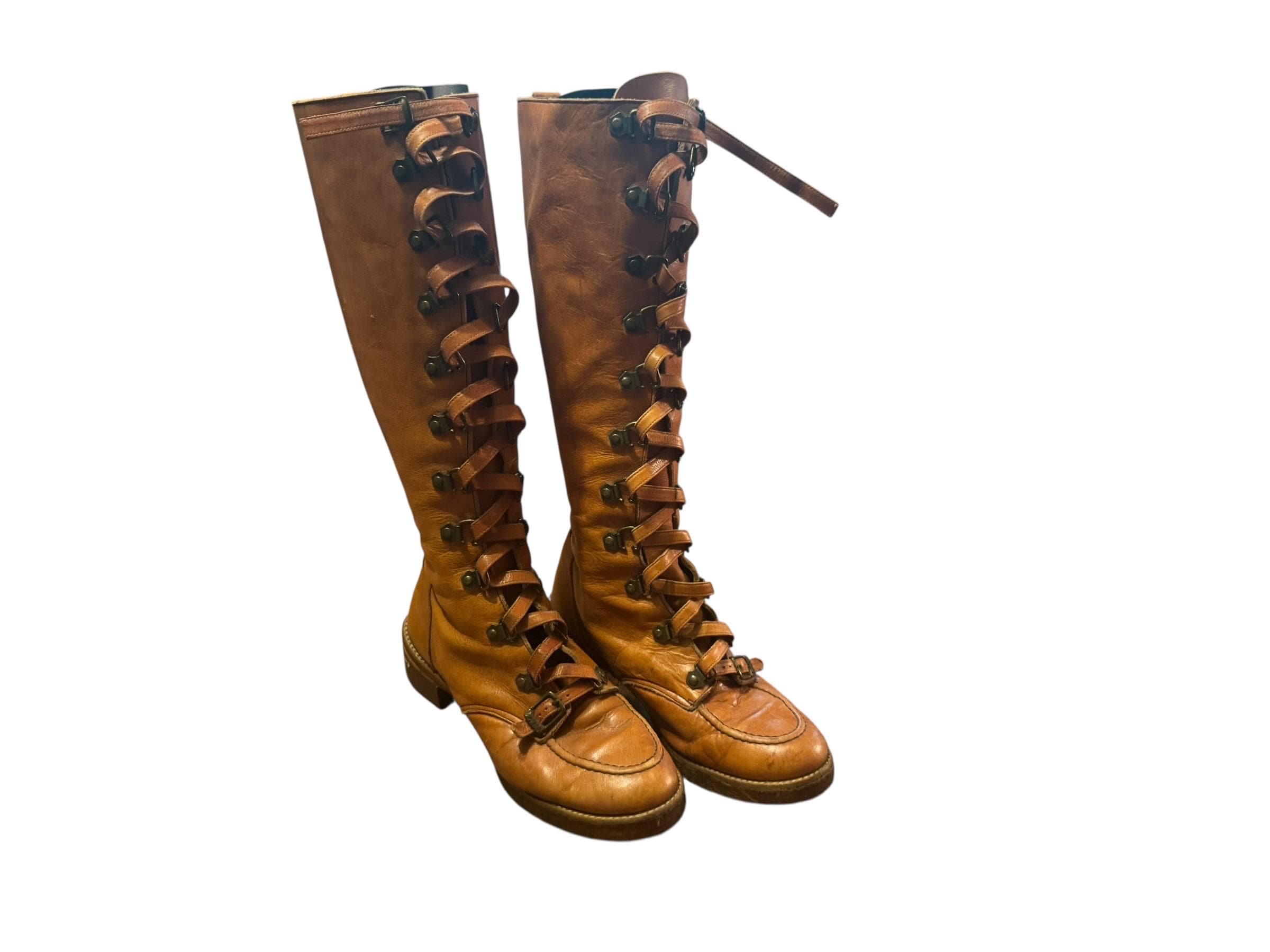 靴 vintage boots Vintage 70's Zodiac Leather Knee Lace up Boots 10 - Etsy