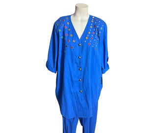Vintage 1980's blue bedazzled pantsuit 2x