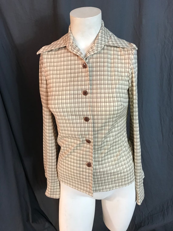 Vintage 1970’s cream and brown plaid blouse shirt… - image 2