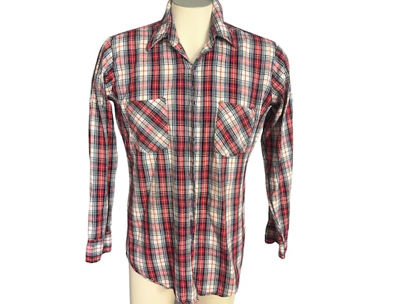 Vintage 80's red plaid button up shirt M - image 2