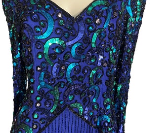 Vintage Purple & Green Sequin and Bead Dress L Scala - Etsy