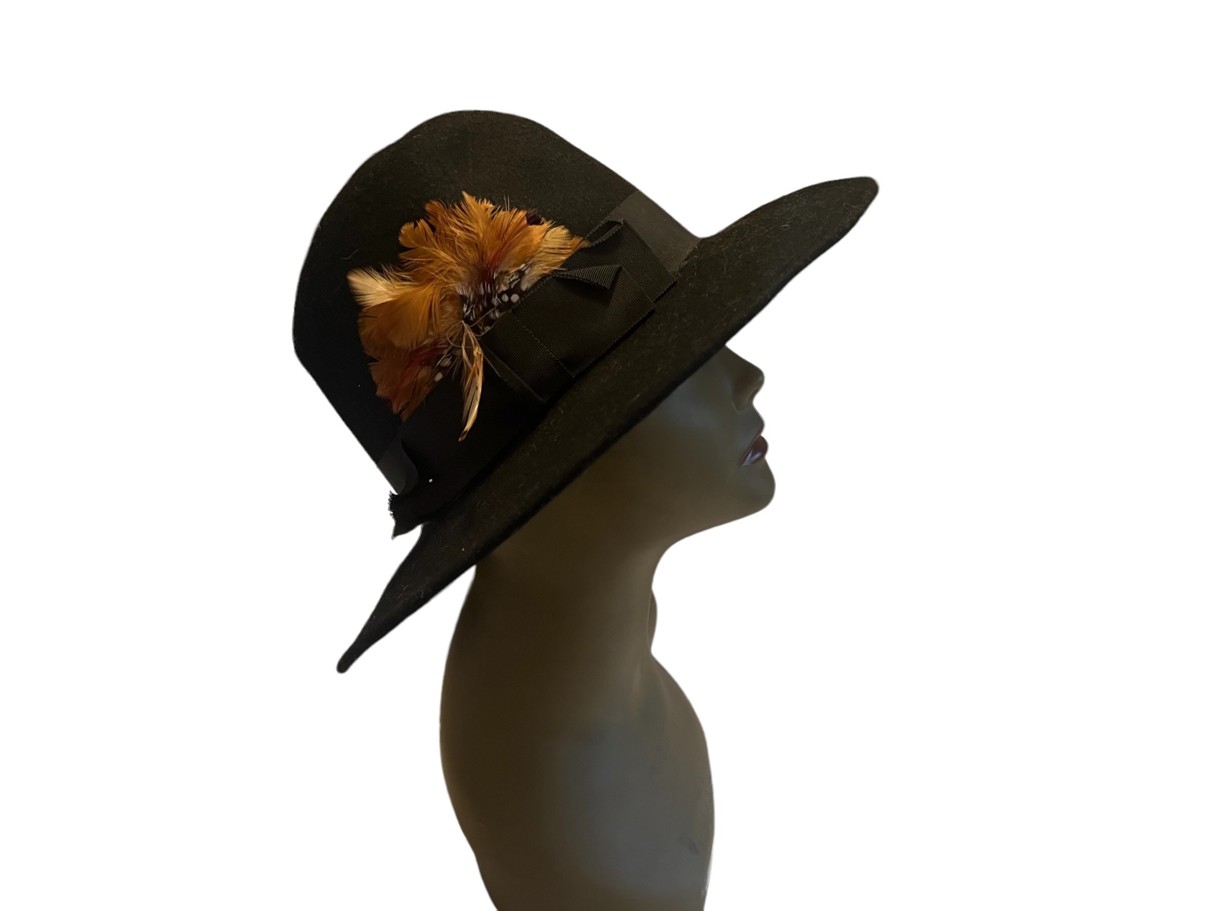 VINTAGE WOOL BLACK BLACK HAT WITH‎ FEATHER Vintage Women Hat Elegant Adora Black Wool Cloche Bowler  main image 2