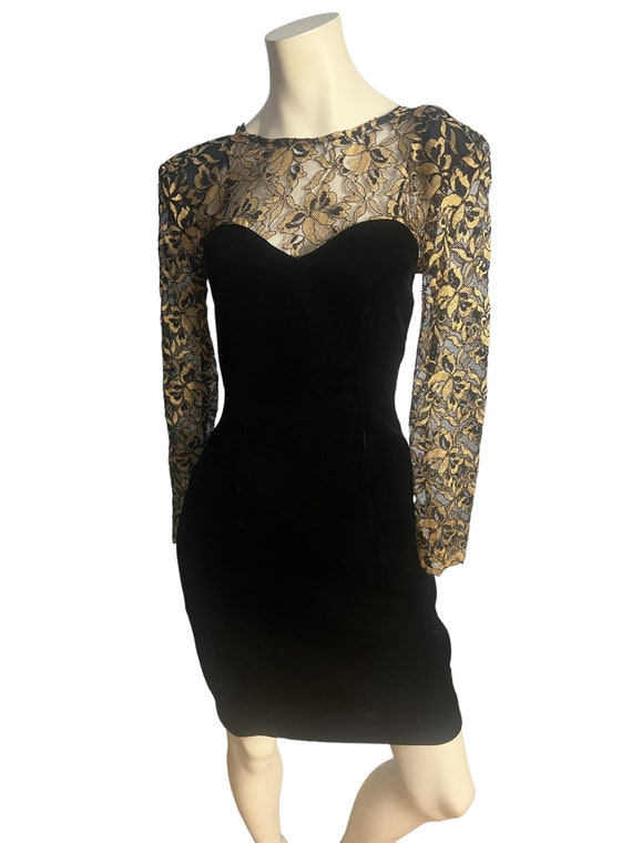 Vintage black velvet and gold lace dress Donna Ri… - image 3