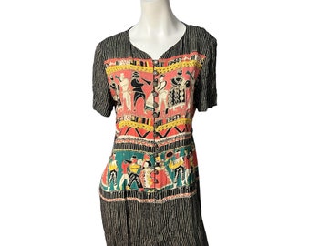 Vintage 80's long print rayon dress 12 L