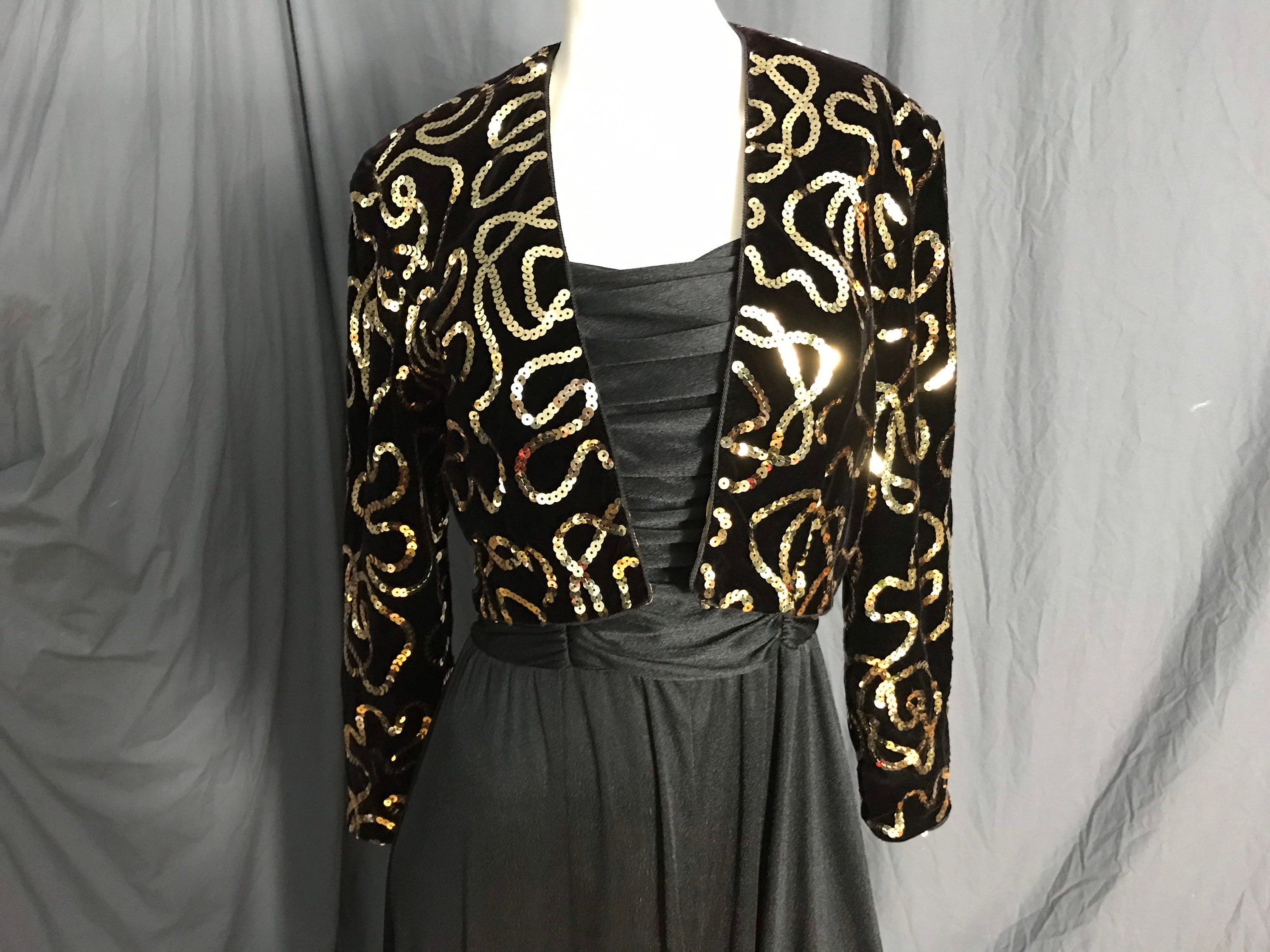 Vintage Eneste Black Velvet Bolero Jacket With Gold Sequins Vintage Eneste Black Velvet Bolero Jacket With Gold Sequins