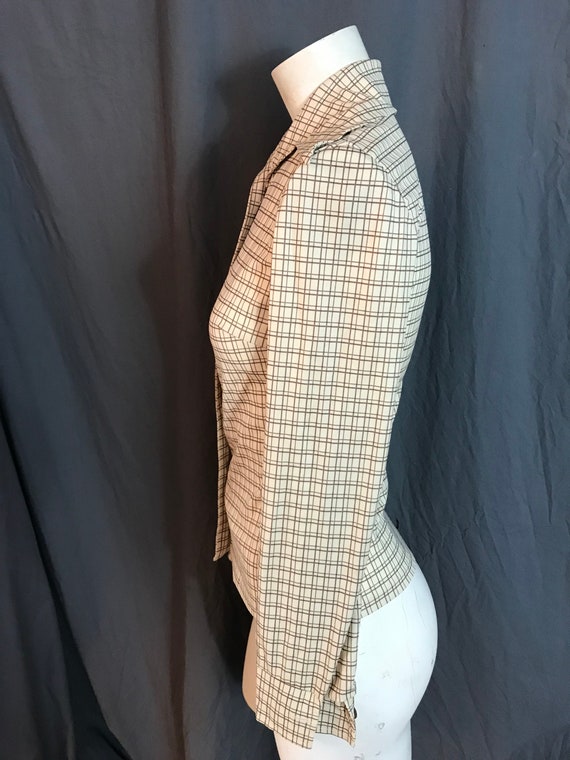 Vintage 1970’s cream and brown plaid blouse shirt… - image 4