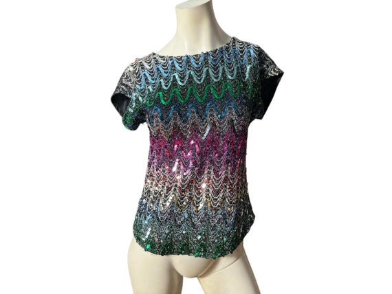 Vintage 70's Rainbow Sequin Disco Top S