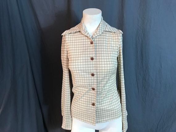 Vintage 1970’s cream and brown plaid blouse shirt… - image 1