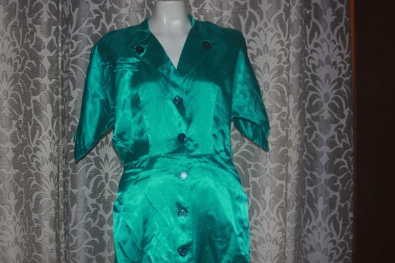 Vintage Green Satin Young Edwardian 1980's Dress M - image 1