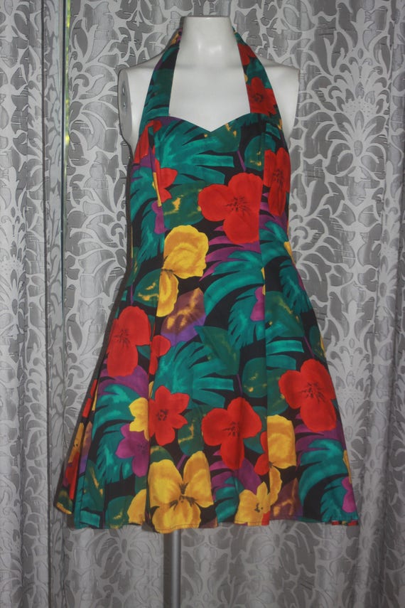 Vintage 80's Tropical Hawaiian Party Halter Dress… - image 2