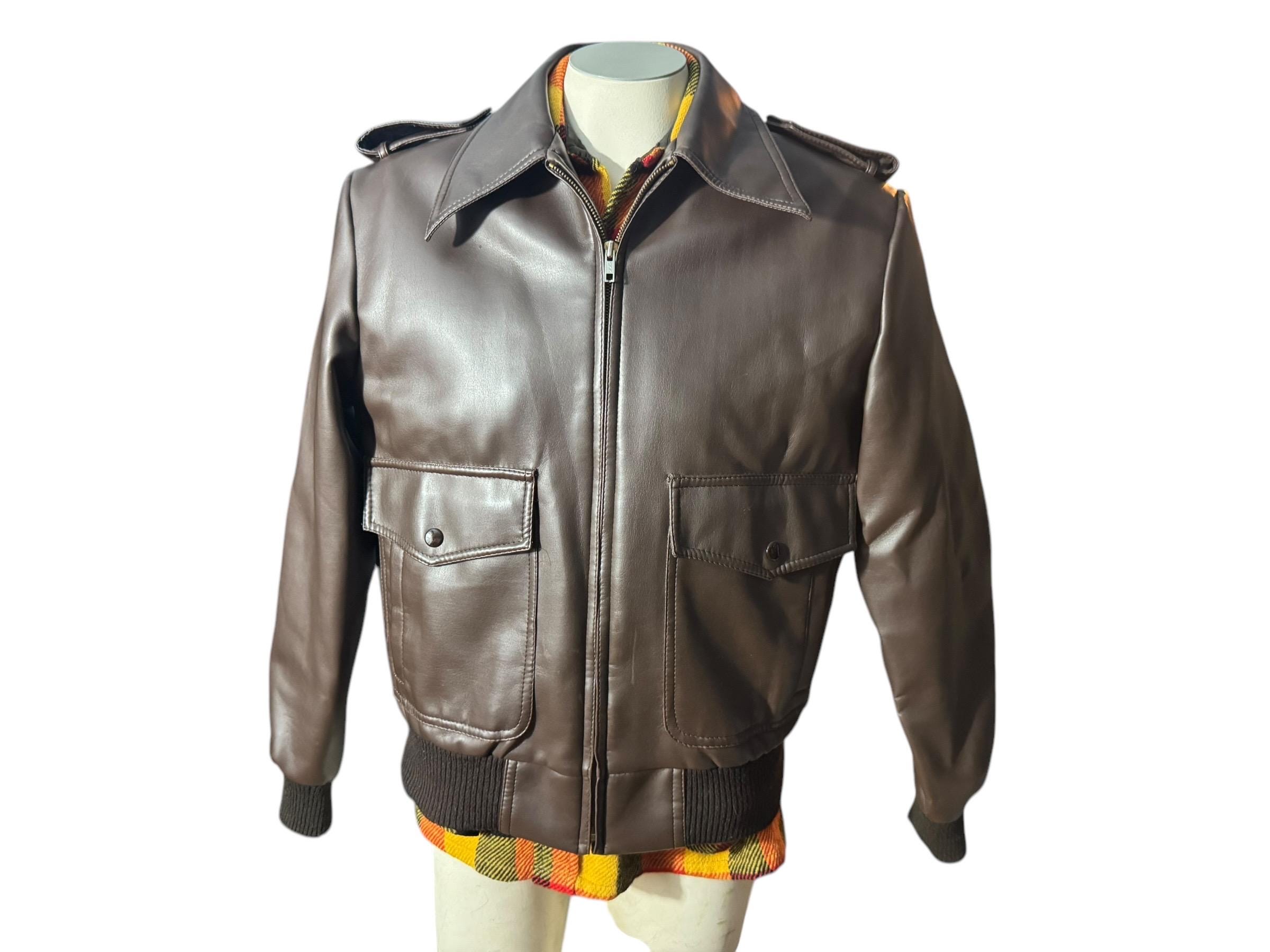 Vintage 70's Brown Faux Leather Jacket L - Etsy UK