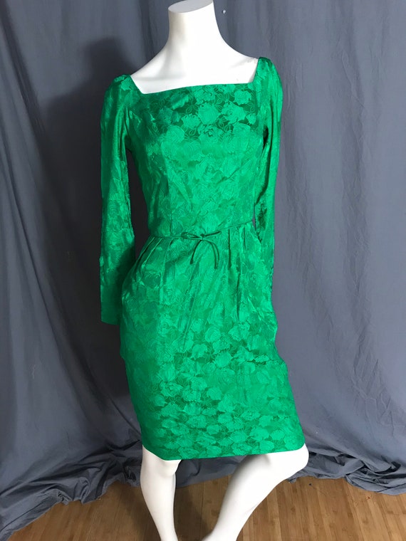 Vintage 1950’s Ann Barry green brocade dress S - image 3