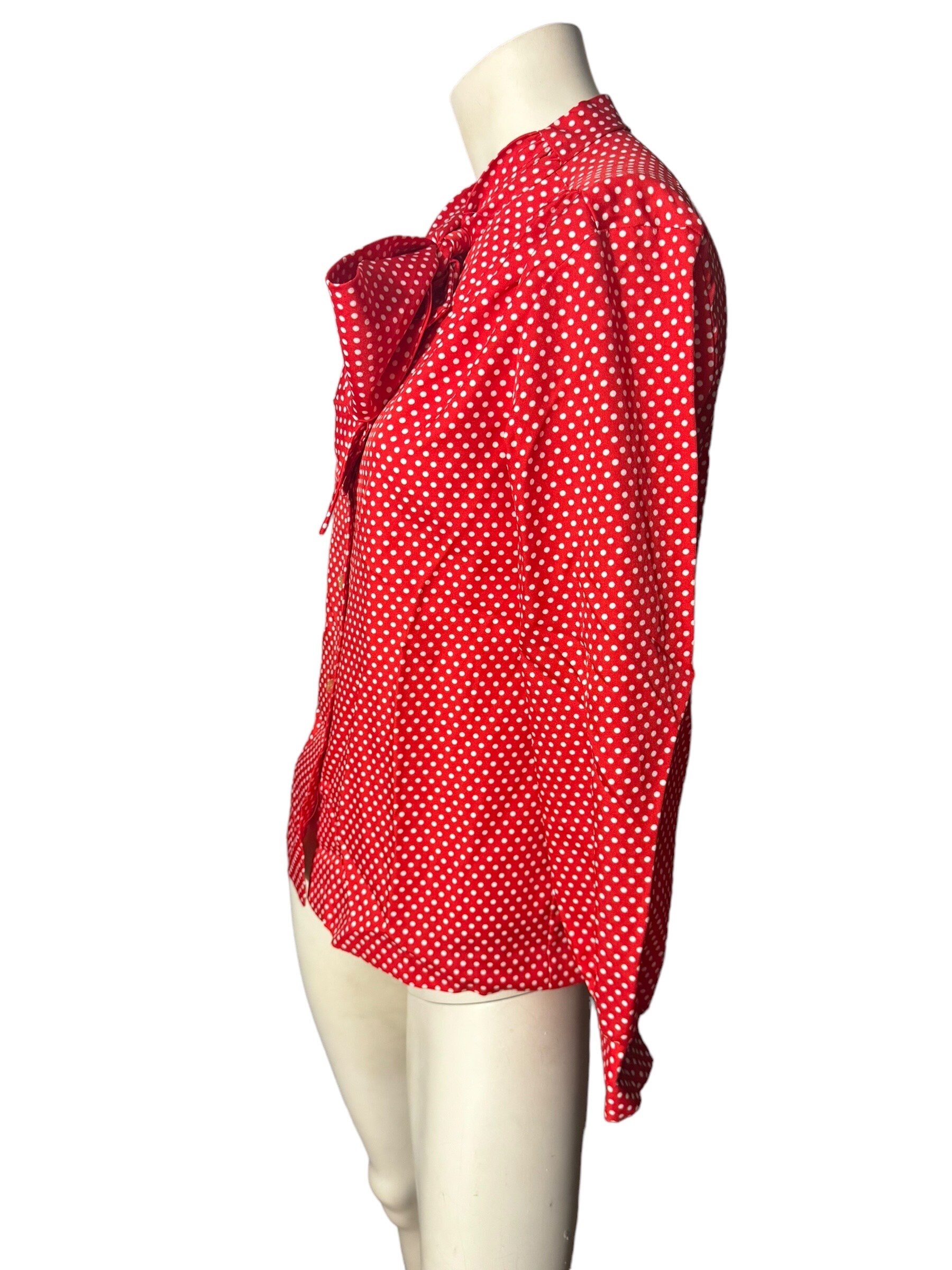 Vintage 70's Red Polka Dot Bow Blouse M - Etsy