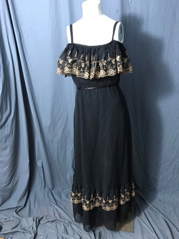 Vintage Black and Gold Long 1970's Ruffle Bust Dress M - Etsy