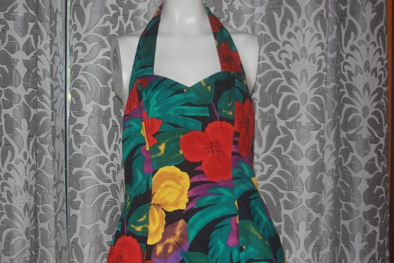 Vintage 80's Tropical Hawaiian Party Halter Dress… - image 1