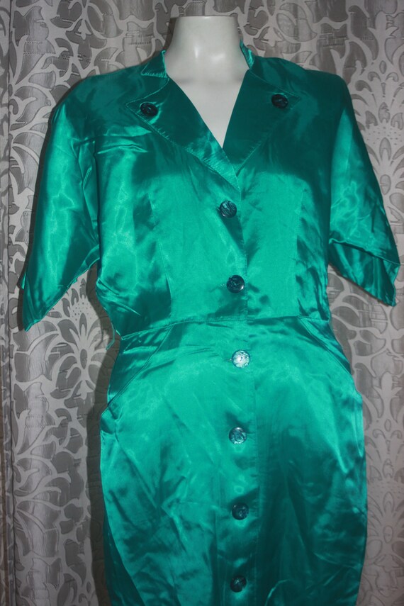 Vintage Green Satin Young Edwardian 1980's Dress M - image 3