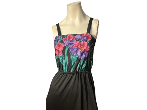 Vintage 70's black floral dress M - image 1