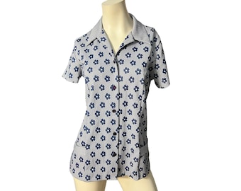 Vintage 70's mod flower top blouse L