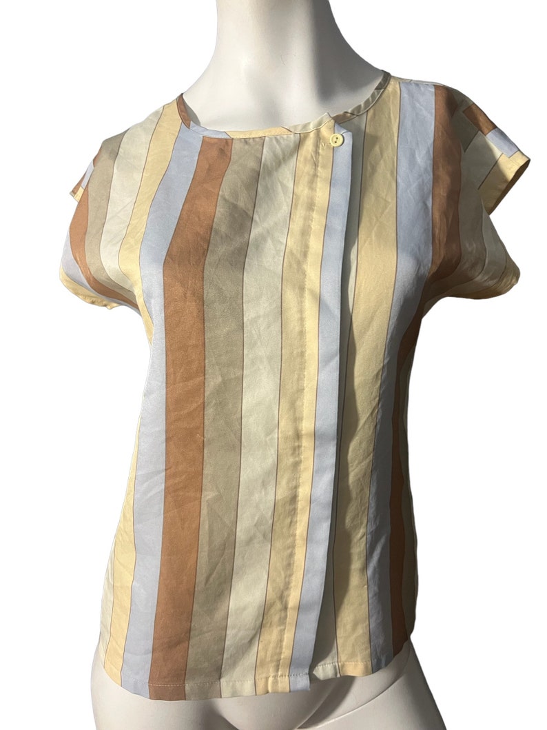 May include: A striped short-sleeved blouse with a button closure. The blouse has vertical stripes in shades of blue, brown, and beige.