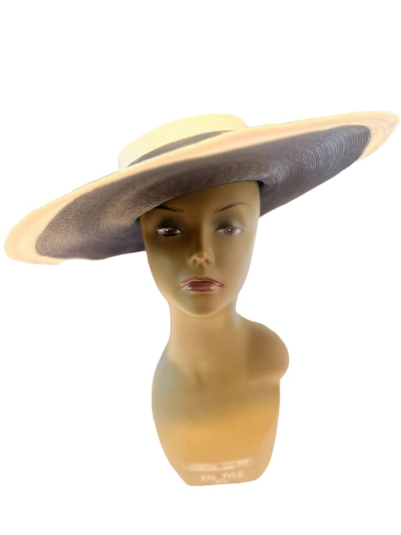 Vintage 60's black & white straw hat huge Sandra - image 7