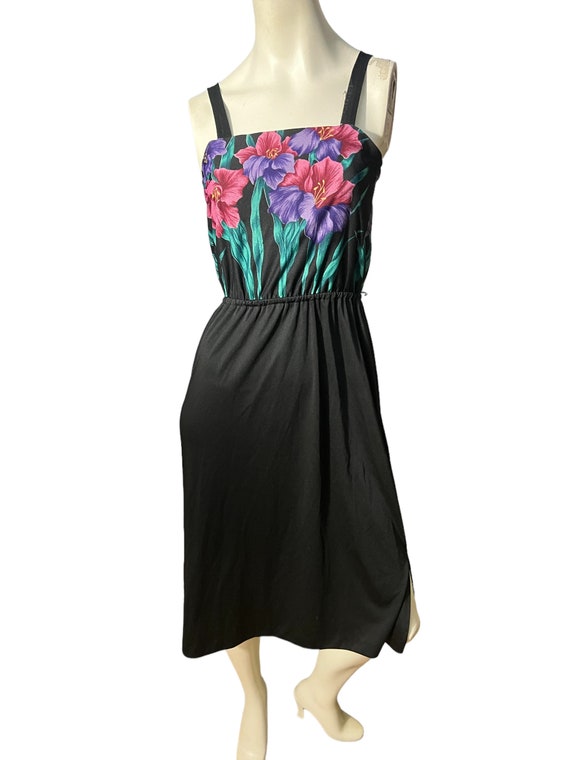 Vintage 70's black floral dress M - image 2