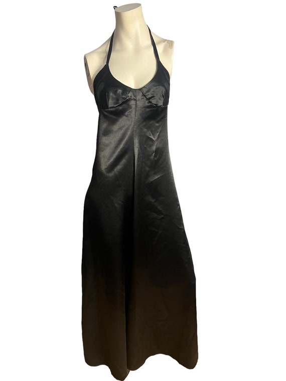 Vintage black hand made satin halter maxi dress M - image 2