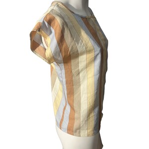 May include: A striped short-sleeved blouse with a round neckline. The stripes are in shades of brown, beige, and light blue.