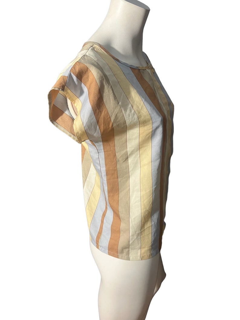 May include: A striped short-sleeved blouse with a round neckline. The stripes are in shades of brown, beige, and light blue.