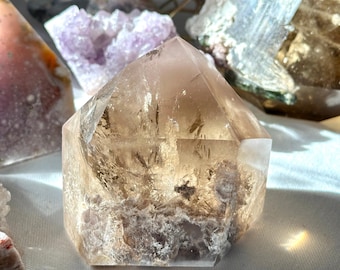 Rare Citrine Pink Lithium Quartz Tower: Rutile & Rainbow Crystal