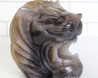 Druzy Agate Geode LION Head Carving
