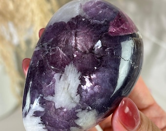Pearly Lepidolite with Pink Tourmaline, Smoky Quartz & Cleavelandite XL Palm Stone — Russia | 6.5 oz