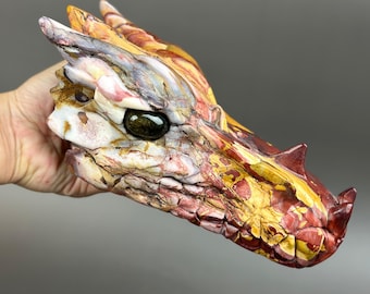 Mookaite Jasper Large Hand-Carved Dragon Skull with Labradorite Eyes