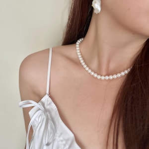 8mm White Semi-round Freshwater Pearl Choker,White Real Pearl Necklace,Dainty White Pearl Necklace, Bridal Jewelry,Gift For Mom, S925 Silver