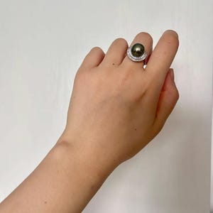 11 mm Tahiti Meerwasser schwarze Perle Ring, Sterling Silber natürliche schwarze Perle Ring einstellbar, Zirkon Ring, Salzwasser Perle Pfau Glanz Bild 4