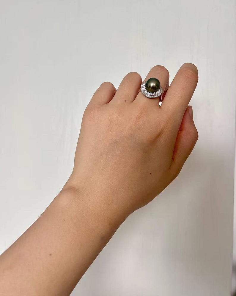 11 mm Tahiti Meerwasser schwarze Perle Ring, Sterling Silber natürliche schwarze Perle Ring einstellbar, Zirkon Ring, Salzwasser Perle Pfau Glanz Bild 4